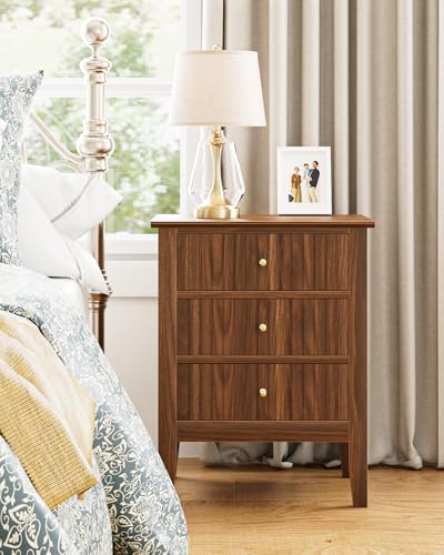 Image of Night Stand, Fluted Nightstand Bedside Tall Farmhouse Nightstand with 3 Drawers, Mid Century Modern Side Accent Table,Bedside End Table for Bedroom, Living Room, Walnut