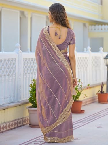 Image of Satrani Women's Shimmer Chiffon Scalloped Border Sequins Embroidery Saree with Unstitched Blouse Piece