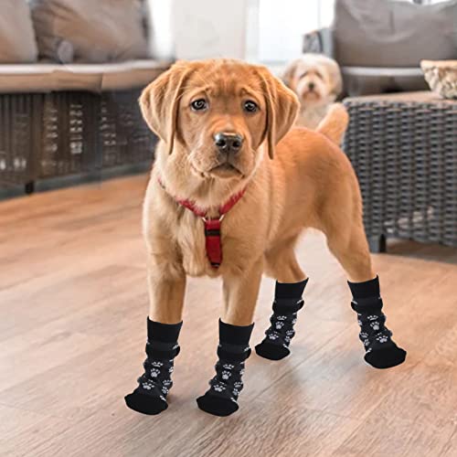 Cobee Anti Rutsch Hundesocken, 4 Stück, weiche Hundegriffsocken mit Riemen Traktionskontrolle Verstellbarer Pfotenschutz für kleine und mittelgroße Hunde (Größe L, Schwarz)