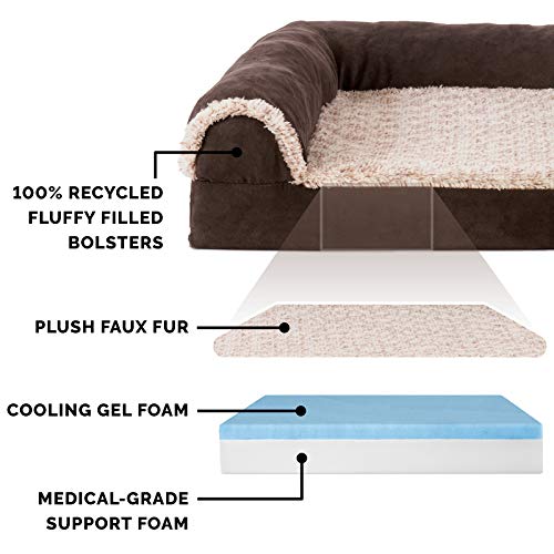 Image of Furhaven Cooling Gel Dog Bed for Large /Medium Dogs w / Removable Bolsters & Washable Cover, For Dogs Up to 55 lbs - Two-Tone Plush Faux Fur & Suede L Shaped Chaise - Espresso, Large