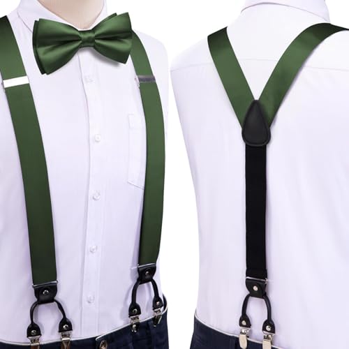 Image of Hi-Tie Men Suspender Bowtie Set Suspenders Pre-tied Bow Tie Pocket Square Cufflinks Adjustable Y Shape 6 Clips Braces Tuxedo
