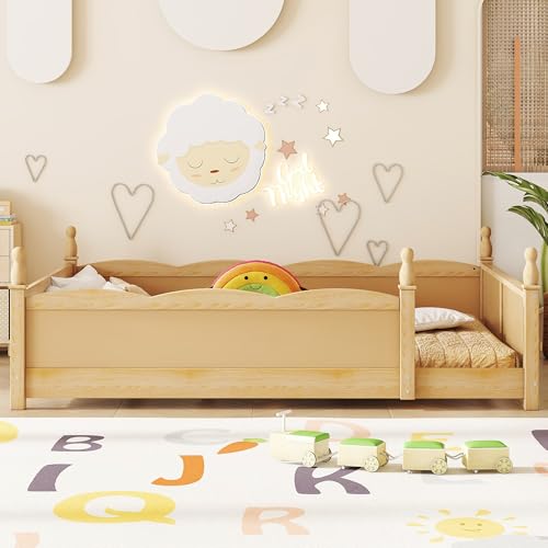 Image of Bellemave Queen Size Montessori Floor Bed Frame with High Fence, Solid Wood Kids Floor Bed with Bookshelf, Low Profile Bed for Boys & Girls, Childlike Design,Natural