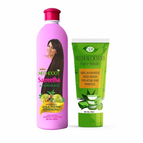 Image of Meghdoot Satreetha Sat 400ml & Neem Aloe Vera Face Wash 60ml Combo | Natural Herbal Cleanser for Glowing, Acne-Free Skin (Pack of 2)