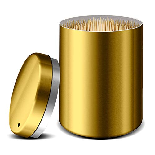 Stainless Steel Toothpick Holder Dispenser Quality Home Tooth Picks Lot Container with 500 Pieces Bamboo Toothpicks for Teeth and Appetizer ï¼ˆGolden)