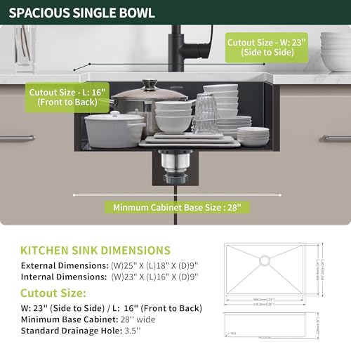 Image of 25-inch Black Undermount Kitchen Sink, SINKVINE Stainless Steel Single Bowl