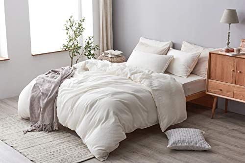 DAPU 55% French Linen 45% Cotton Duvet Cover with 2 Pillowcases, 3 Piece Ultra Soft Breathable Bedding Comforter Cover Sets with Button Closure (Ivory/Linen Cotton, Full/Queen)