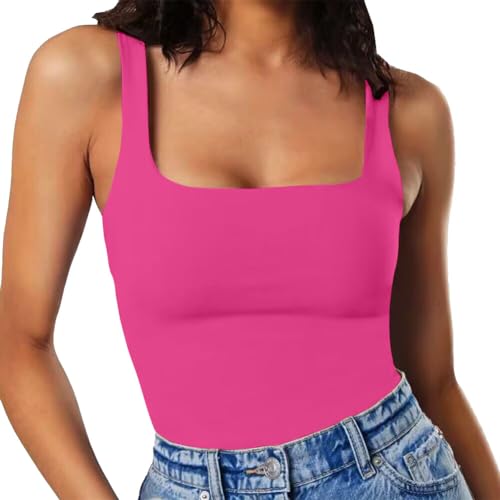 MISSJOY Women's Square Neck Double Lined Slim Fit Stretchy Seamless Thong Compression Bodysuit Pink M