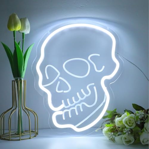 Image of ENUOLI Skull Neon Sign, White Ghost Dimmable LED Night Light, USB Powered, 10.24 inch x 13 inch Wall Decor for Bedroom, Halloween, Man Cave, Game Room