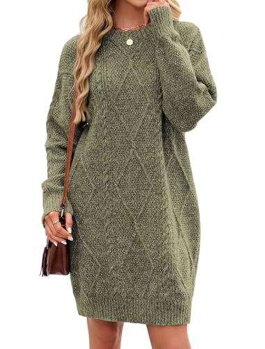 ZAFUL Women's Cable Knit Sweater Dress Long Sleeve Loose Crew Neck Pullover Tunic Mini Sweater Dress Fall Winter Outfits Army Green S