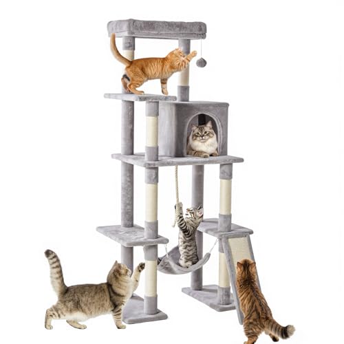 Image of Sweetcrispy 63 inch Cat Tree Tower, Large Multi Level Cat Climbing Tower with Condo, Natural Sisal Scratching Posts, Extended Platform, Hammock, Pet House for Indoor Cats and Kittens Play, Grey