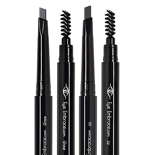 Eye Embrace Medium Gray Eyebrow Pencils: Liz & Grace 2 Pack Bundle - Waterproof, Double-Ended Automatic Angled Tip & Spoolie Brush, Cruelty-Free