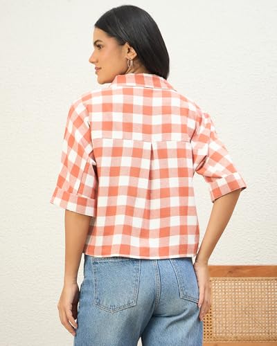 Image of Chimpaaanzee Women Checks Half Sleeve Crop Shirt
