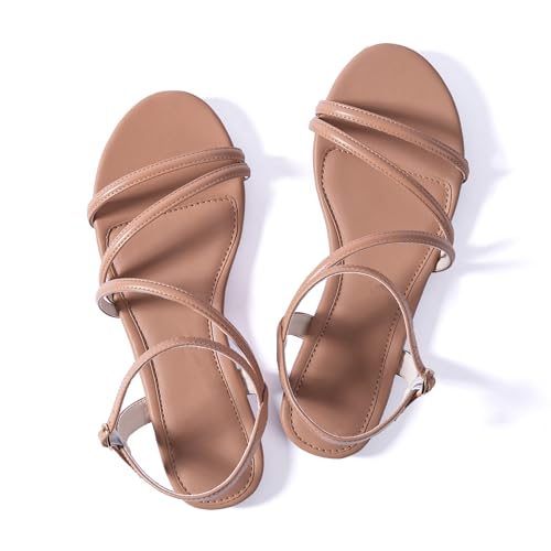 Image of Mtzyoa Women Flat Sandals Dressy Strappy Gladiator Summer Ankle Strap Nude Open Toe Comfortable Wedding Casual Leather Ladies Party Trendy Vacation