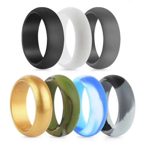 POPSPARK Silicone Wedding Rings for Men, Durable 7 Packs Silicone Ring Non-Toxic Comfortable Silicone Wedding Bands for Yoga, Crossfit, Weight Lifting, Fitness