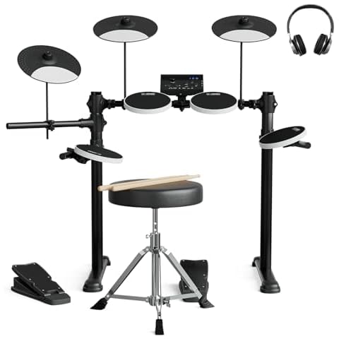 UMOMO Electric Drum Set, Electronic Drum Set With 10" Cymbals, 2 Pedals, Drum Stool, 150 Sounds, Drum Sticks, Headphones, Stable Steel Frame, USB MIDI, 15 Drum Kits, for Beginner, Kids, White Cover