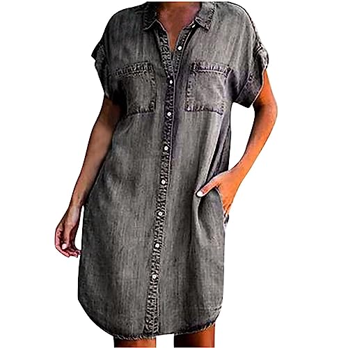 Denim Shirt Dress Short Sleeve Summer Casual Button Down Dress Shirts for Women Jean Shirt with Pockets