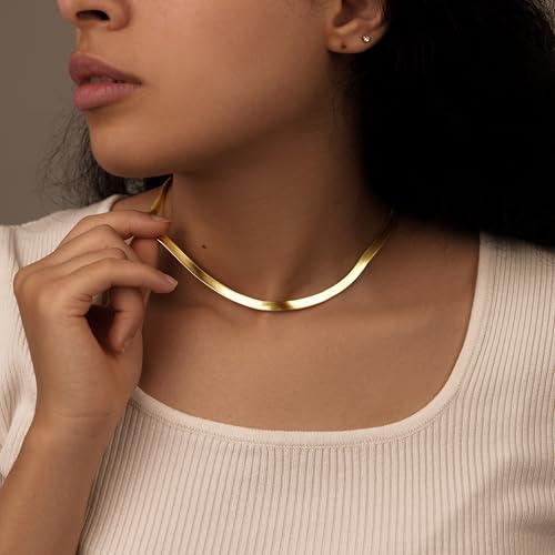 WomenGifts 14K Gold-Filled Herringbone Necklace for Women – Dainty Snake Chain Choker, Trendy Simple Long Layered Jewelry Non Tarnish, 14-18 Inch Thin & Chunky Options, Gift for Her3
