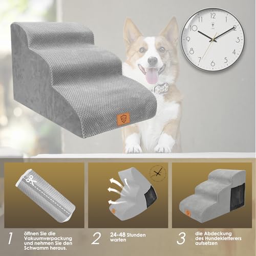 Thihome Hundetreppe für Kleine Hunde, Wasserdicht 3 Stufen Haustiertreppe aus Hochdichtem Schwamm, Abnehmbar Hunderampe mit Waschbar Bezug für Sofa Bett, Grau