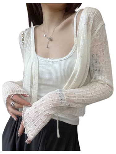 GORGLITTER Women's Tie Front Cropped Cardigan Sweater Eyelet Lightweight Boho Cute Bolero Shrug