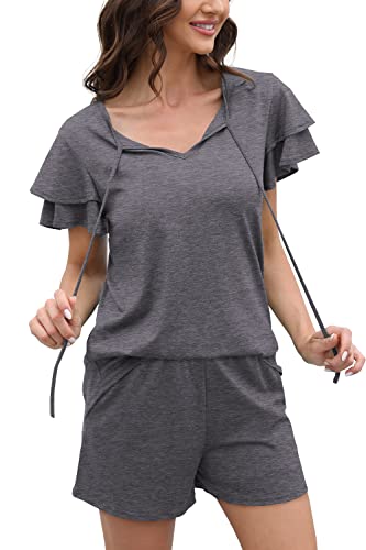 Image of WIHOLL Summer Outfits for Women 2 Piece Short Sleeve V Neck Lounge Sets Casual