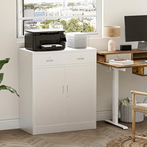 Metal Storage Cabinet with 2 Drawers 36" H,White Metal Garage Cabinets with 2 Lockable Doors and Adjustable Shelves Easy to Assemble for Home Office, Kitchen,Pantry,Garage,Warehouse