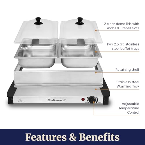 Image of Elite Gourmet EWM-6122X Deluxe Dual Buffet Server Food Warmer Party Tray, Gravy & Holiday Essentials, Special Events, 2 x 2.5Qt, Stainless Steel