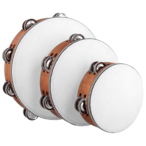 MUKLEI 3 Pack Wooden HandHeld Tambourine Set, 6 Inch 8 Inch 10 Inch Double Row Tambourines for Adults for Party, Dance, Wedding, Brown
