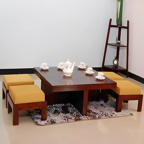 Image of Loonart Solid Sheesham Wood Coffee Table with Four Cushioned Stools | Idel for Living Room | Cafe | Restaurant | Space Saving Indoor Table Set | Finish Color - Natural Finish | Cream Cushion |