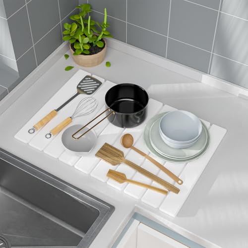 Vorisebo Large Stone Dish Drying Mat, 24" × 16" Quick Dry Foldable Dish Drying Mats, Absorbent Diatomaceous Earth Drying Mat for Kitchen Counter, White -  DDB001WH