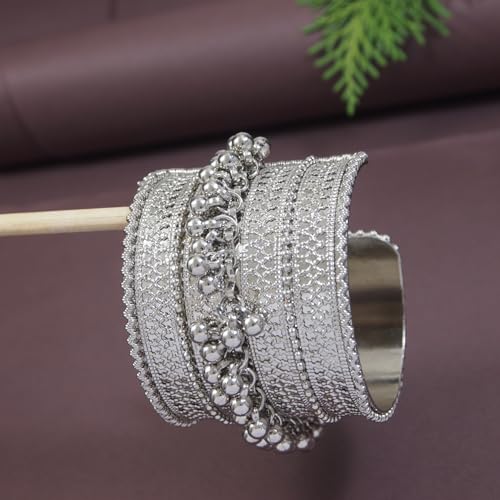Image of I Jewels Navratri Ethnic Silver Oxidised Adjustable Afghani Ghungroo Cuff Kada Bracelet For Women