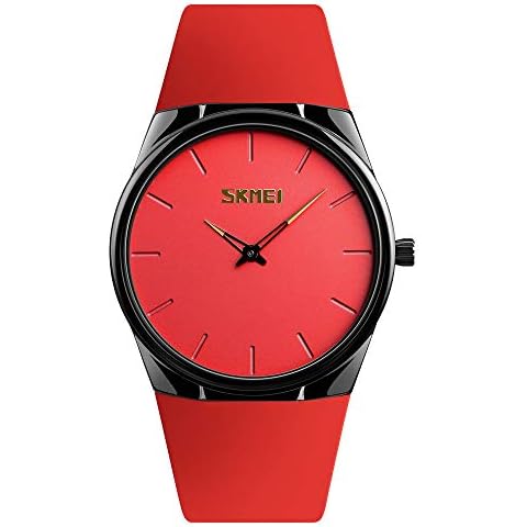 TONSHEN Fashion Analog Quartz Watch for Men Minimalism Style Stainless Steel Case and Rubber Band Wrist Watches (Red) Cover