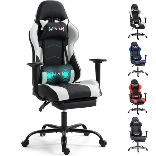 WENTUM Gaming Chair with Footrest, Lumbar Support, White