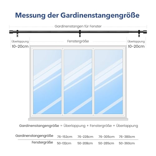 Gardinenstange Schwarz 76-380 cm Vorhangstange Ausziehbar 19 mm Durchmesser für Schlafzimmer, Wohnzimmer oder Küche von GEEBOBO