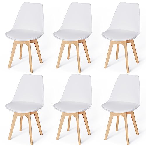 WAFTING Juego de 6 sillas de Comedor Acolchadas con Patas de Madera de Haya y Suave Acolchado Tulip Chair para Comedor, salón, Dormitorio o Cocina, Juego de 4 Unidades (Acolchado Blanco)