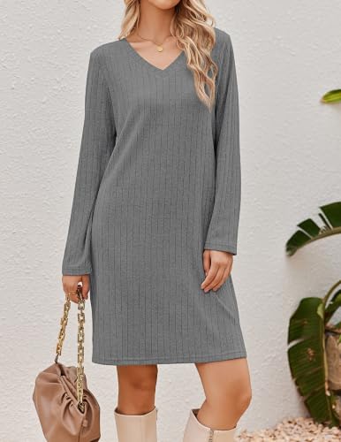 Ekouaer Women's Long Sleeve Nightgown Ribbed Knit V Neck Sleepwear S-3XL — view 4
