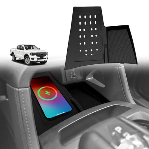 Muslogy Center Console Inserts Compatible with Ford Ranger 2024 2025 2026 Accessories Center Console Wireless Charger Protective Mat Liner Anti-Slip Phone Charge Area Charging Protection