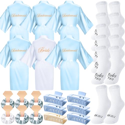 Image of Bonuci 24 Pcs Bride Bridesmaid Robes Set of 6 Bridal Silk Satin Robes for Wedding Bachelorette Party Bridal Shower Gifts