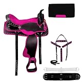 SUPREME SADDLERY Classic Quality Western Synthetic Comfort Barrel Racing Trail Tack Equestrian Horse Saddle All Accessories Included (18 inches, Pink Patch)
