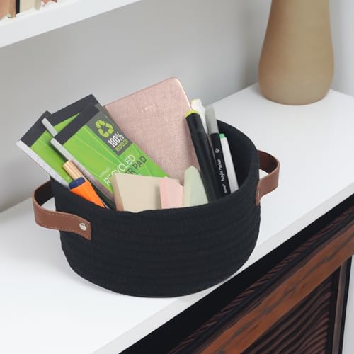 Image of Small Woven Basket, Cute Mini Cotton Rope Storage Basket with leather handle, Tiny Decorative Round Storage Bin, Boho Empty Gift Baskets for Organizing, Toy Organizer for Nursery (Black)