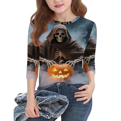 Girls Halloween Shirt 3/4 Sleeve Pumpkin Print Tunic Top for Kids Cute Holiday Fall Outfit Comfortable Tees4
