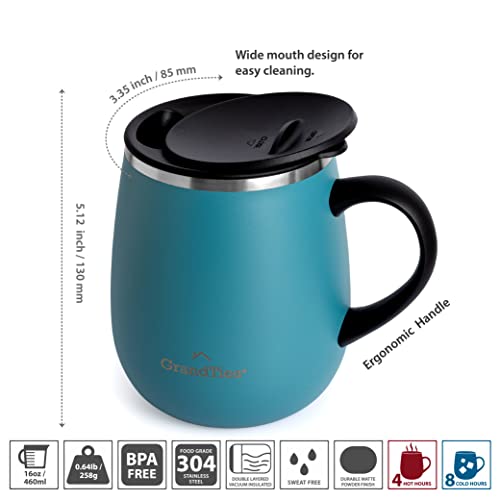 Grandties Insulated Coffee Mug With Handle- Sliding Lid For Splash-Proof 16 Oz Wine-Glass Shape Thermal Tumbler With Double Walled Vacuum Stainless Steel To Keeps Beverages Hot Or Cold-Atlantis Blue #TOP3