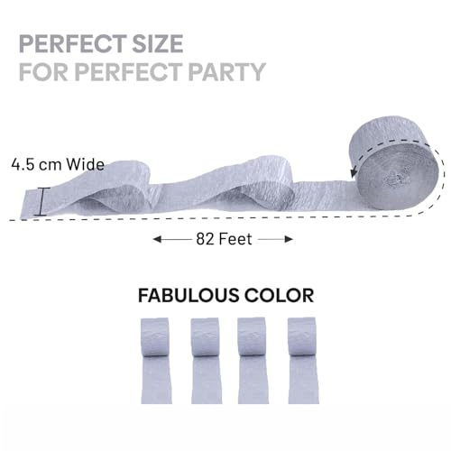 Image of 4 Silver Crepe Paper Streamers, 328ft Pack of Party Decorations | Each roll is 82 ft long and 1.8 Inch wide ideal for Birthday Party Decor, Wedding Decorations and Educational Ceremony