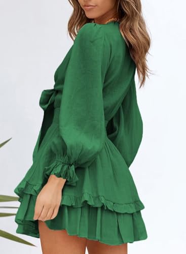 Image of Dokotoo Womens Casual Spring Fall 2025 Deep V Neck Knotted Tiered Chiffon Elegant Mini Short Swing Skater Dresses