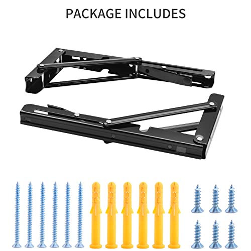Image of YUMORE 10 Inch Folding Shelf Bracket, Heavy Duty L Bracket, Black, 2 Pack | 330 LB Load Capacity, Foldable Locking Design, Easy Release Lever, Easy Installation, Includes Hardware