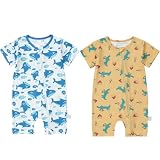 HAHASHOW Bambus Strampler 2er-Pack, Sommer Baby Kostüm Neugeborene mit 2-Wege-Reißverschluss, Kurze Ärmel Schlafanzug Baby Overall Frühling 0-3 Monate Haigrau&Tiermuster