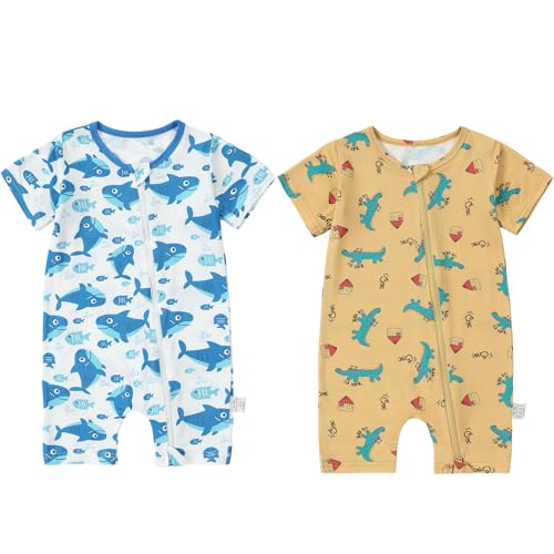 HAHASHOW Body Bebé Manga Corta para Verano 2 Piezas, Ropa Bebé Recién Nacido de Fibra de Bambú Pijamas Niños y Niñas con Cremallera 2 Vías 3-6 Meses Gris tiburón y Estampado Animal