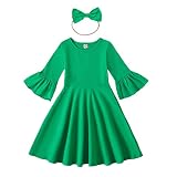 ZFZDRen Toddler Baby Girl Solid Color Dress Kids Girl Ruffle Bell Sleeve Plain Dress Outfits (Green-