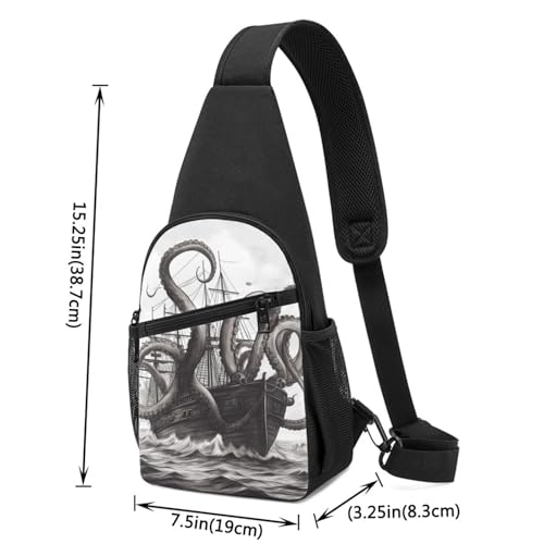 Sling Backpack Crossbody Sling Bag Negro Blanco Pulpo y Barco miniatura 2