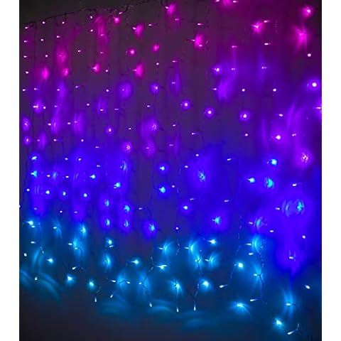 Pink Purple & Blue Ombre Fairy Curtain Lights with Dimmer Switch, Ombre Rainbow LED Icicle String Curtain Lights for Girls Room, Bedroom, Teen Room, Kids Room, Wedding, Holiday, Mermaid Décor Cover