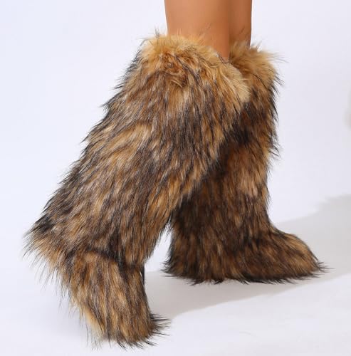 Gegefur Women's Furry Fluffy Boot Faux Fur Long Snow Boot Knee High Boots Warm Comfortable Outdoor Flat Shoes2